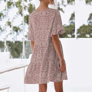 Back view of pink floral summer dress with ruffle sleeves and tiered skirt details