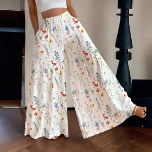 Élégant pantalon palazzo fleuri à taille haute avec un imprimé floral d'été léger