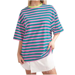 Women's oversized pink and green striped T-shirt with crew neck for casual summer wear