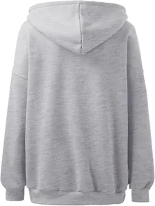Back view of a grey oversized hooded sweatshirt featuring minimalist solid color design
