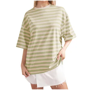 Relaxed fit green and white striped round neck short sleeve T-shirt for summer casual wear