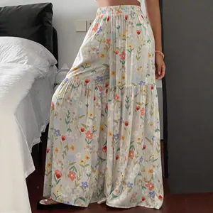 Élégant pantalon large à fleurs pour femmes, taille haute, style fluide pour l'été