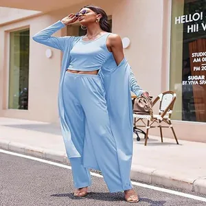 Conjunto de 3 piezas de punto azul claro con cárdigan largo y pantalones anchos para mujer