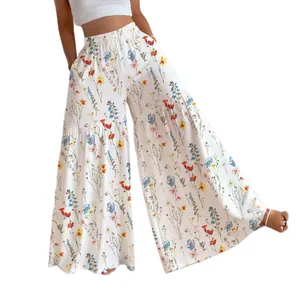 Pantalon large à fleurs à taille haute pour femmes avec une coupe fluide et décontractée