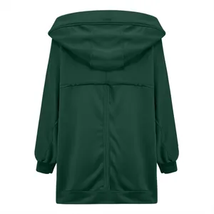 Back view of a dark green oversized hooded jacket for women, casual autumn style.
