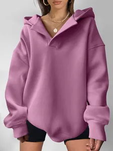 Cozy mauve oversized v-neck hoodie for women with dropped shoulders and ribbed cuffs