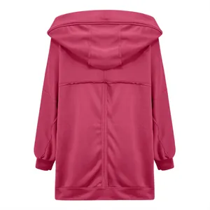 Back view of a casual loose rose-red hooded jacket for women showing stitch details