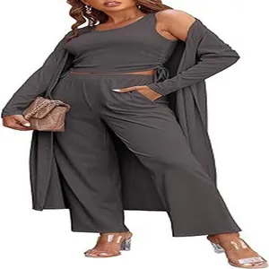 Elegante conjunto de punto gris de 3 piezas con cárdigan largo y pantalón ancho