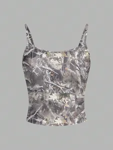 Detail view of women's camouflage print camisole with adjustable straps and crop cut