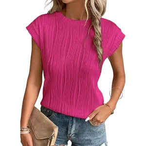 Women's fuchsia crew neck short sleeve T-shirt with a vertical pleated ripple texture