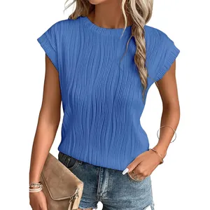 Women's vibrant blue crew neck short sleeve t-shirt with elegant wavy ripple texture