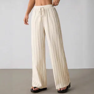 Lässige gestreifte Hose mit weitem Bein für Damen, Tunnelzug und elastischem Bund