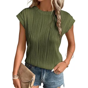 Women's olive green round neck textured short sleeve t-shirt casual summer top