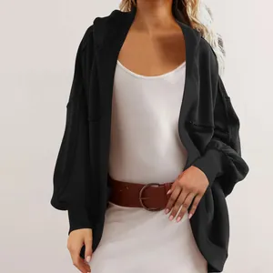 Stylish casual loose-fit black hooded cardigan jacket for women autumn winter outfits
