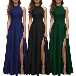 Elegante avondjurken voor dames met halternek en hoge split in blauw, zwart en groen