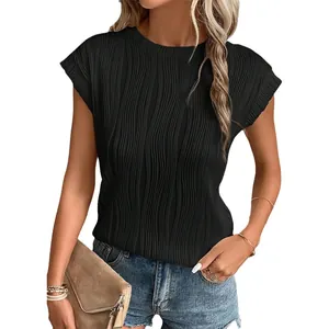 Black women's textured round neck short sleeve T-shirt for casual summer wear
