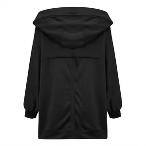 Back view of a women's oversized black hooded jacket with a stylish relaxed fit design