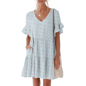 Light blue V-neck mini dress with orange cherry print and ruffle sleeves detail