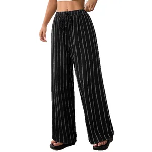 Lässige gestreifte Damen-Weitbeinhose mit Kordelzug und elastischem Bund