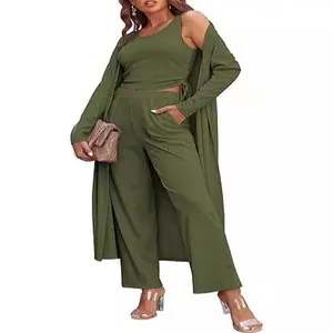 Conjunto de 3 piezas de punto verde oliva para mujer con cárdigan largo y pantalón