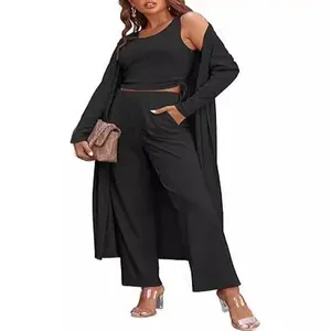 Elegante conjunto informal de 3 piezas para mujer con cárdigan largo chaleco y pantalones