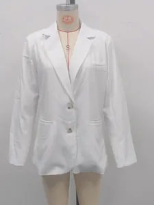 Front view of white casual long sleeve blazer coat displayed on a professional tailor mannequin