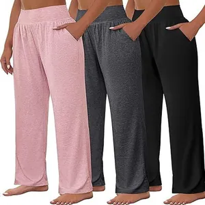 High-waist wide-leg yoga lounge pants for women available in pink, grey, and black colors.