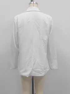 Back view of a minimalist white casual long-sleeved blazer jacket for women's fashion