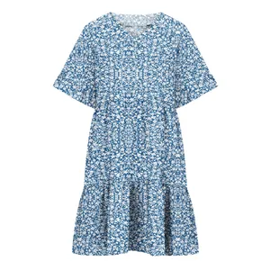 Blue and white floral V-neck dress with elegant ruffle sleeves.
