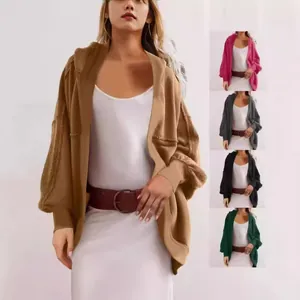Women's Casual Cotton Blend Hooded Cardigan Jacket Loose Fit Batwing Sleeve Patchwork Open Front Sweatshirt Top Outerwear
