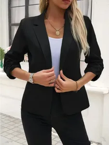 Elegant black notched lapel blazer with ruched 3/4 sleeves for a professional business look.