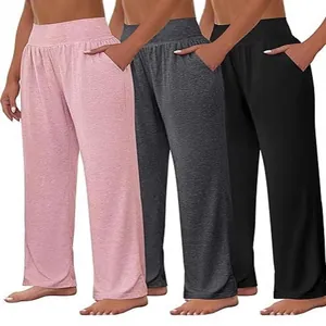Women's Casual High Waist Wide Leg Yoga Pants Cotton Loose Sport Trousers With Pockets Athletic Bottoms