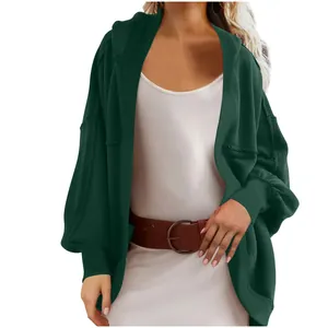Casual loose dark green hooded cardigan for women autumn winter fashion