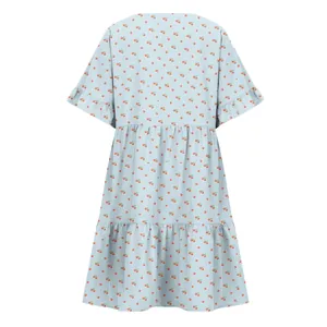 Light blue babydoll dress with red cherry print and ruffled sleeves back view