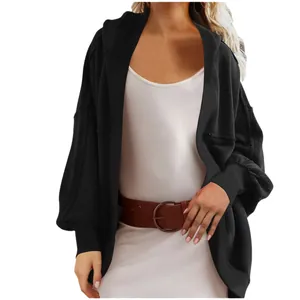 Women's casual loose fit black hooded cardigan jacket for autumn and winter wear
