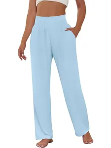 Comfortable light blue women's high waisted wide leg yoga pants for sports and lounge wear
