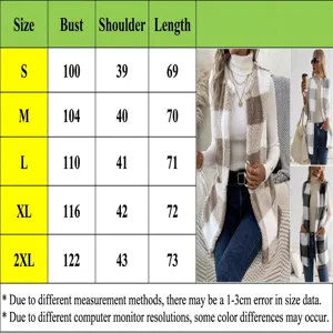 Women's plaid plush vest size chart with bust and length measurements in centimeters