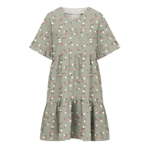 Close-up of sage green V-neck floral dress with ruffle sleeves and strawberry print pattern