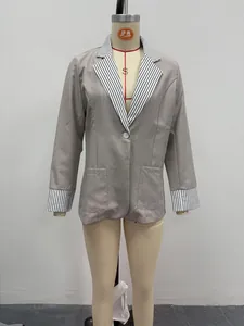 Women's British style loose blazer featuring striped contrast lapels and folded cuffs