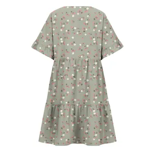 Detailed back view of sage green floral strawberry print mini dress with ruffled sleeves