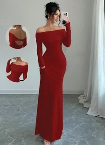 Elegant high-end red off-shoulder maxi evening gown with open back twist detail