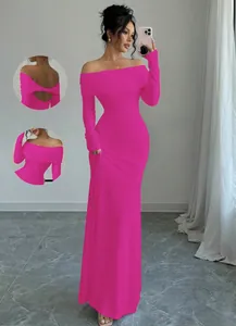 Elegant hot pink off-the-shoulder evening gown with long sleeves and back cutout detail