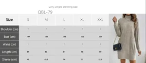Detailed size chart for grey high-neck long-sleeve ribbed knit dress showing measurements