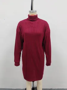 Detailed view of burgundy ribbed turtleneck long sleeve autumn midi dress on mannequin