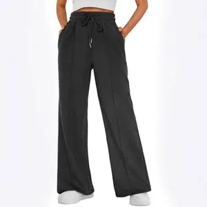 Detailed view of high-waisted wide-leg sweatpants with drawstring and seam details