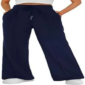 Women's high-waisted navy blue wide-leg joggers with drawstring waist and side pockets