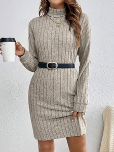 Elegant autumn women high neck ribbed long sleeve knit midi dress with black belt