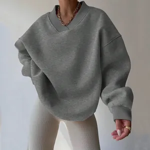 Women's Casual Oversized Sweatshirt Solid Color Cotton Blend Long Sleeve Top Round Neck Ribbed Trim Pullover Sporty Jumper