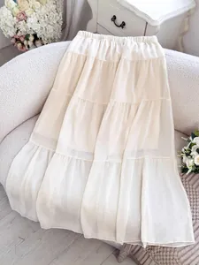 French Style Creamy White Chiffon Tiered Maxi Skirt For Women Casual Solid Color Elastic Waist Patchwork Long Skirt Summer