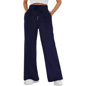 Women's high waisted wide leg navy blue sweatpants with drawstring casual fit.